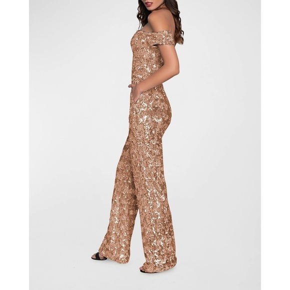 Dress The Population Elon Sequin Off-Shoulder Jumpsuit Champange Women's Size XS - Picture 2 of 12